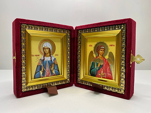 Складень Бархатный с Иконами Фекла Иконийская, Селевкийская, Равноапостольная, Первомученица и Ангел Хранитель
