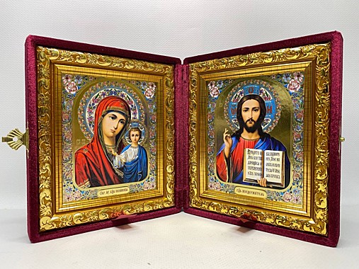 Венчальный складень «Казанская и Спаситель» 14,5×16,5 см, велюр