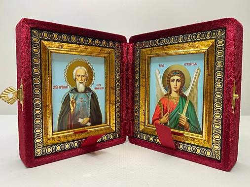 Складень Бархатный с Иконами Сергий (Сергей) Радонежский и Ангел Хранитель