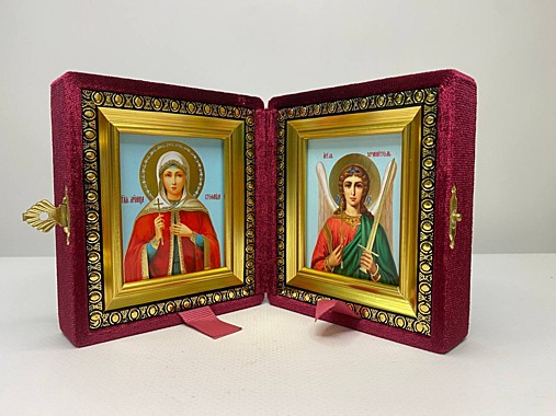 Складень Бархатный с Иконами Мученица Стефанида Дамасская и Ангел Хранитель