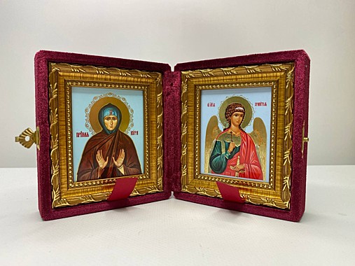 Складень Бархатный с Иконами Кира Берийская (Македонская), Преподобная и Ангел Хранитель