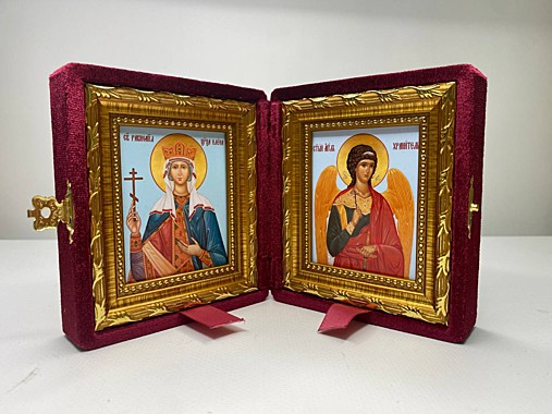 Складень Бархатный с Иконами Равноапостольная Елена Константинопольская и Ангел Хранитель