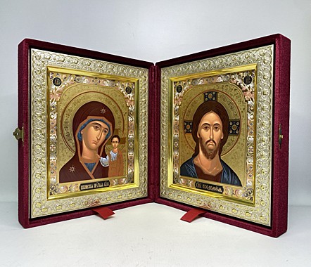 Венчальный складень «Казанская Божия Матерь» и «Спаситель», 21×24 см, велюр