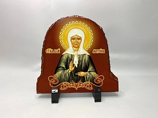 Православная икона на камне «Святая блаженная Матрона Московская» 15×15 см (на подставке)