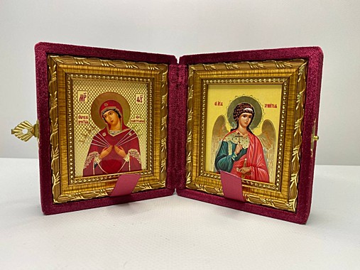 Складень Бархатный с Иконами Семистрельная Божья Матерь и Ангел Хранитель