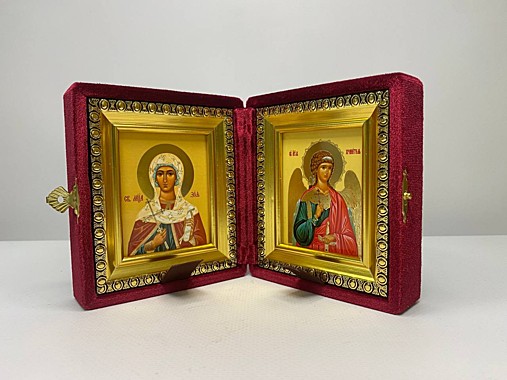 Складень Бархатный с Иконами Святая Мученица Зоя Вифлеемская и Ангел Хранитель