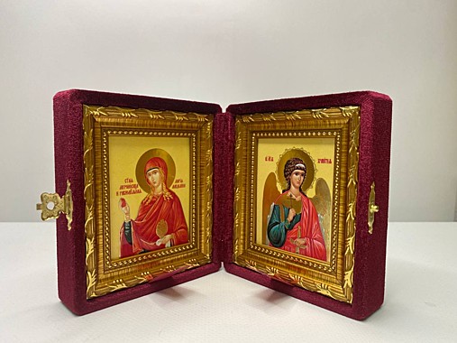 Складень Бархатный с Иконами Равноапостольная Мария Магдалина и Ангел Хранитель