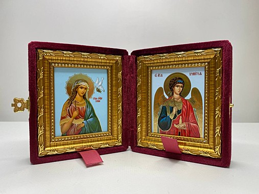 Складень Бархатный с Иконами Ирина Македонская и Ангел Хранитель